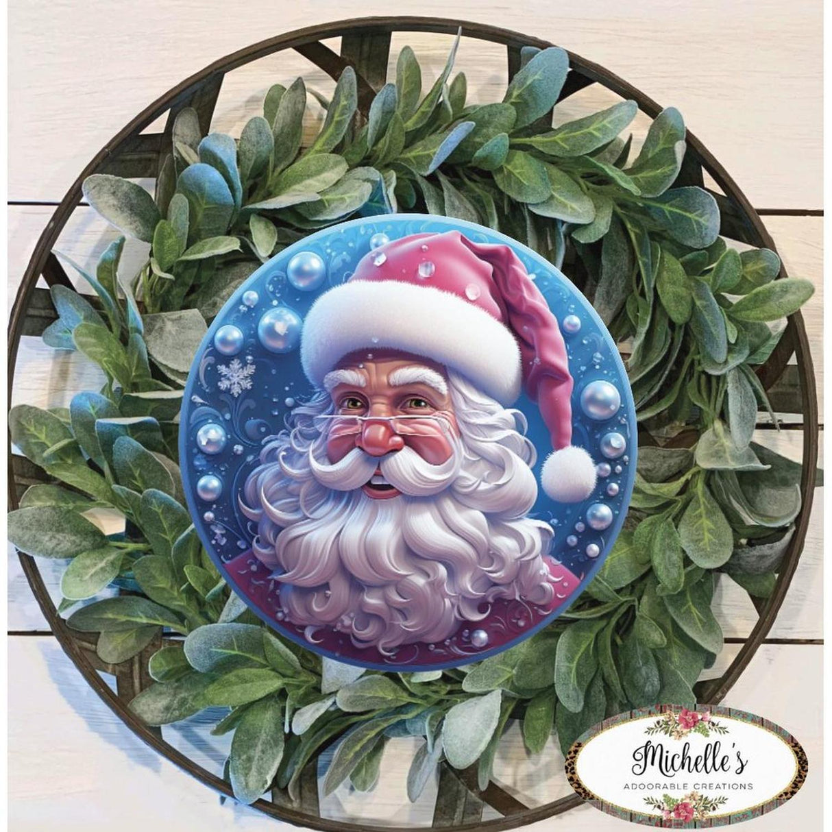Pink Ice Blue 3D Santa Christmas Sign - Wreath Enhancement