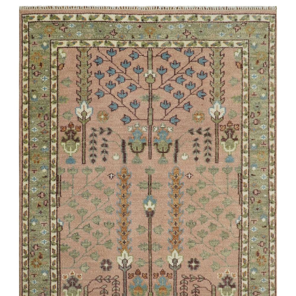 Pink, Olive and Beige Traditional Vintage Heriz Serapi Wool Rug