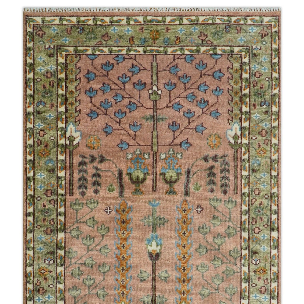 Pink, Olive and Beige Traditional Vintage Heriz Serapi Wool Rug