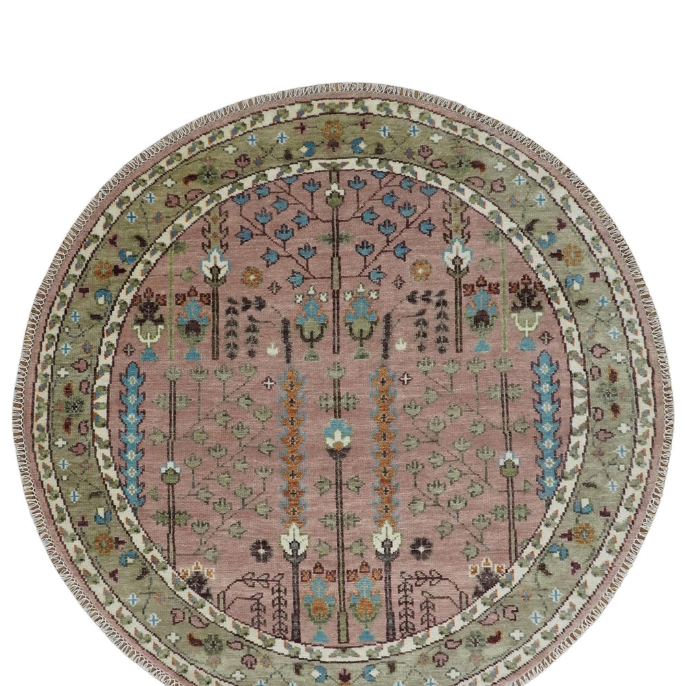 Pink, Olive and Beige Traditional Vintage Heriz Serapi Wool Rug