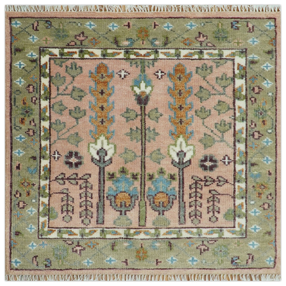 Pink, Olive and Beige Traditional Vintage Heriz Serapi Wool Rug