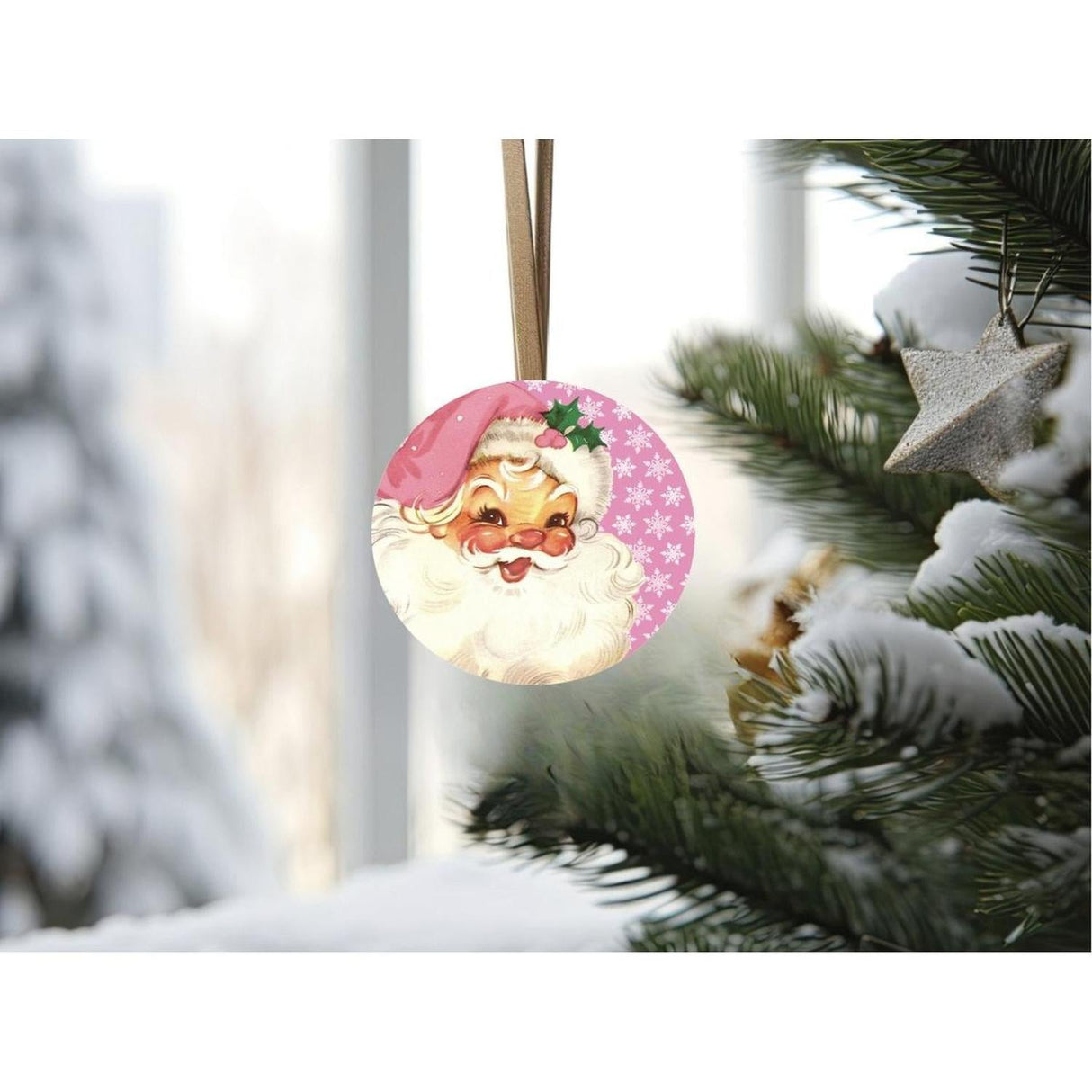 Pink Snowflakes Vintage Santa Christmas Sign