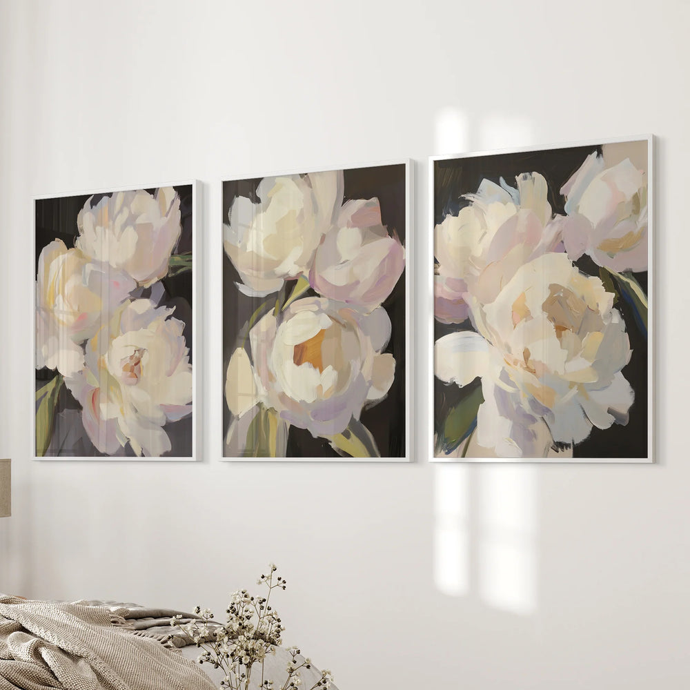 Moody Pink and White Peonies Art. Floral Set of 3 Prints