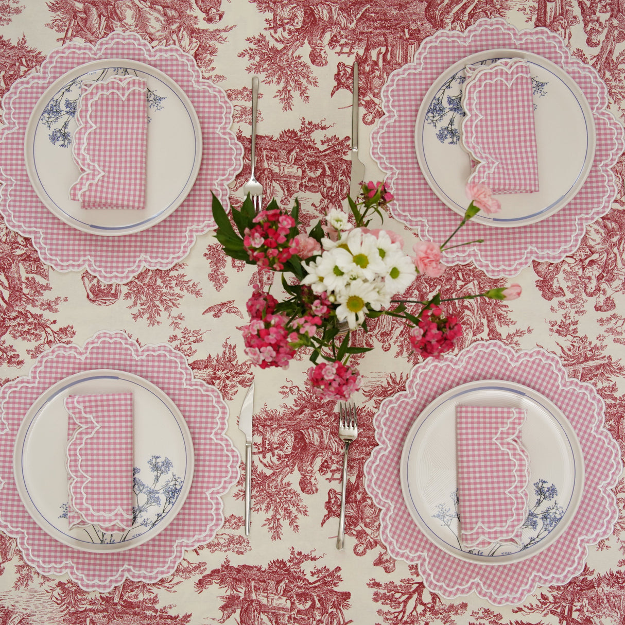 MAGNOLIA GINGHAM PINK WHITE TRIM FABRIC PLACEMAT NAPKIN SET