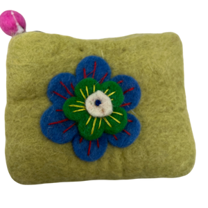 Felt Wool  Olive Green Coin Purse with Flower Applique