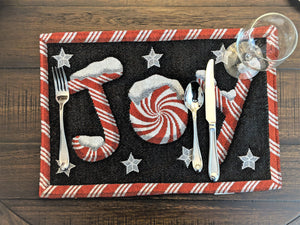 Set of 4-Pieces Peppermint Joy Holiday Tapestry Placemats 13” x 19” (12904)