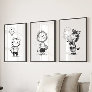 Black White Gender-Neutral Nursery Art Set. Lion Tiger Zebra