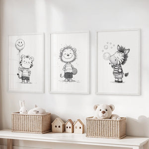 Black White Gender-Neutral Nursery Art Set. Lion Tiger Zebra