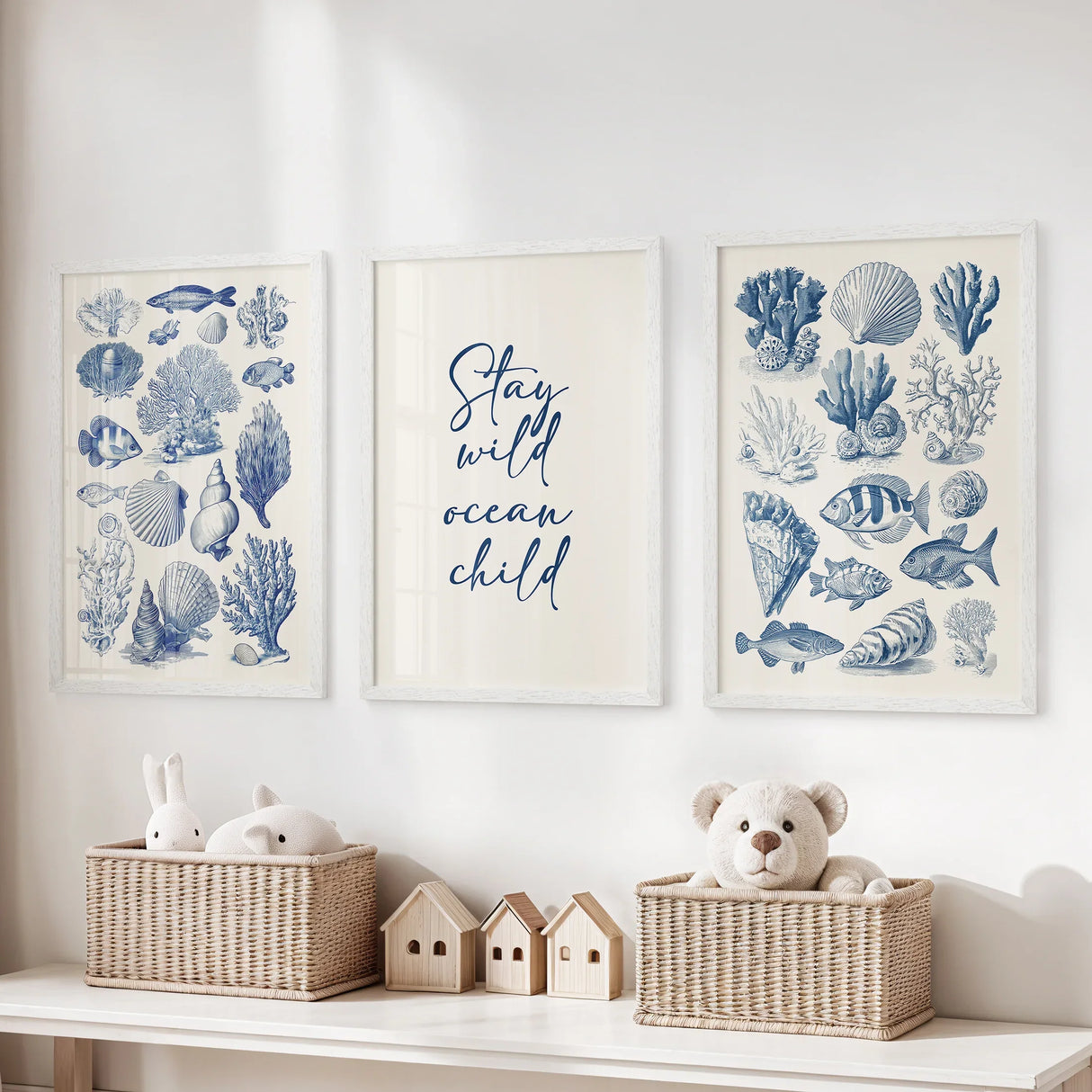 Coastal Sea Life Prints. Blue Sea Shells and Fish Print Set