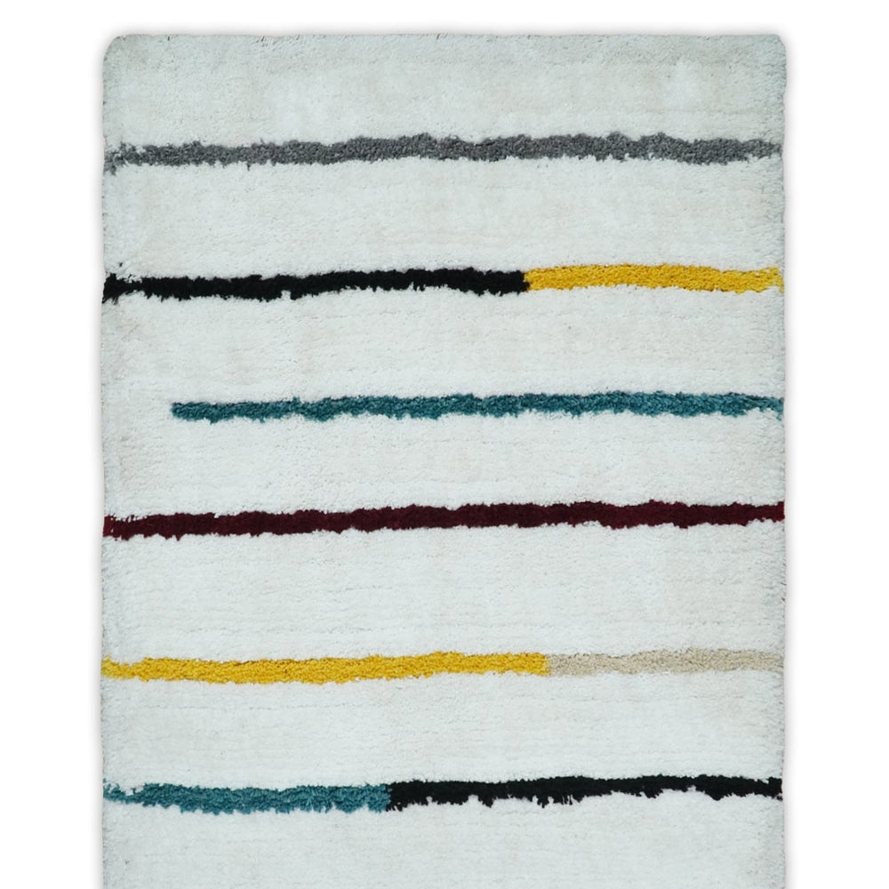 Plush and Thick Hand Woven Shag White with multicolor Stripes Soft Area Rug | SHAG2