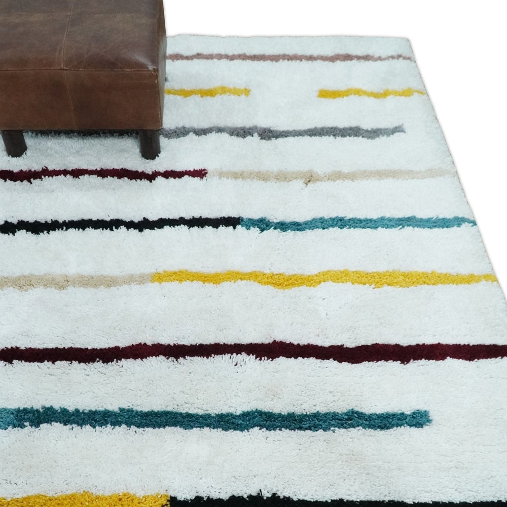 Plush and Thick Hand Woven Shag White with multicolor Stripes Soft Area Rug | SHAG2