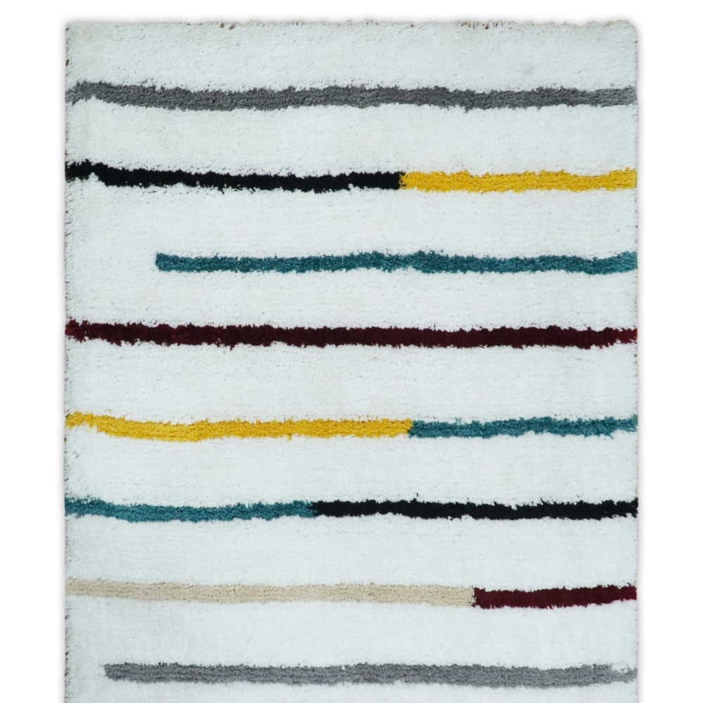 Plush and Thick Hand Woven Shag White with multicolor Stripes Soft Area Rug | SHAG2