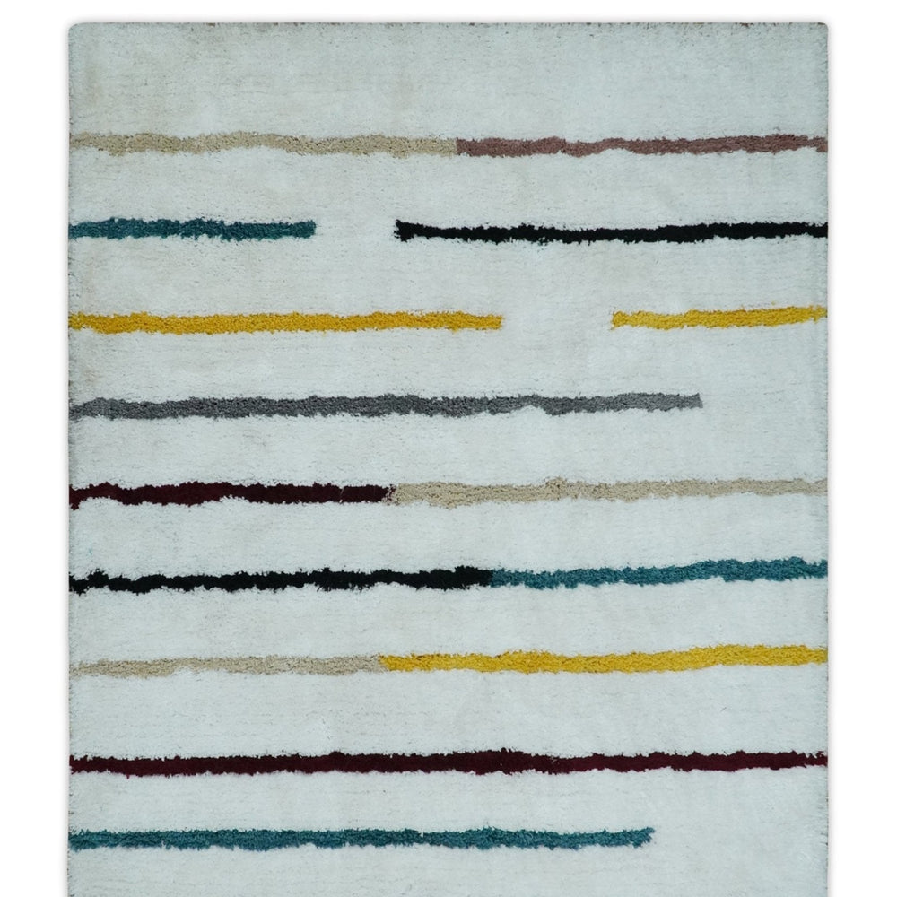 Plush and Thick Hand Woven Shag White with multicolor Stripes Soft Area Rug | SHAG2