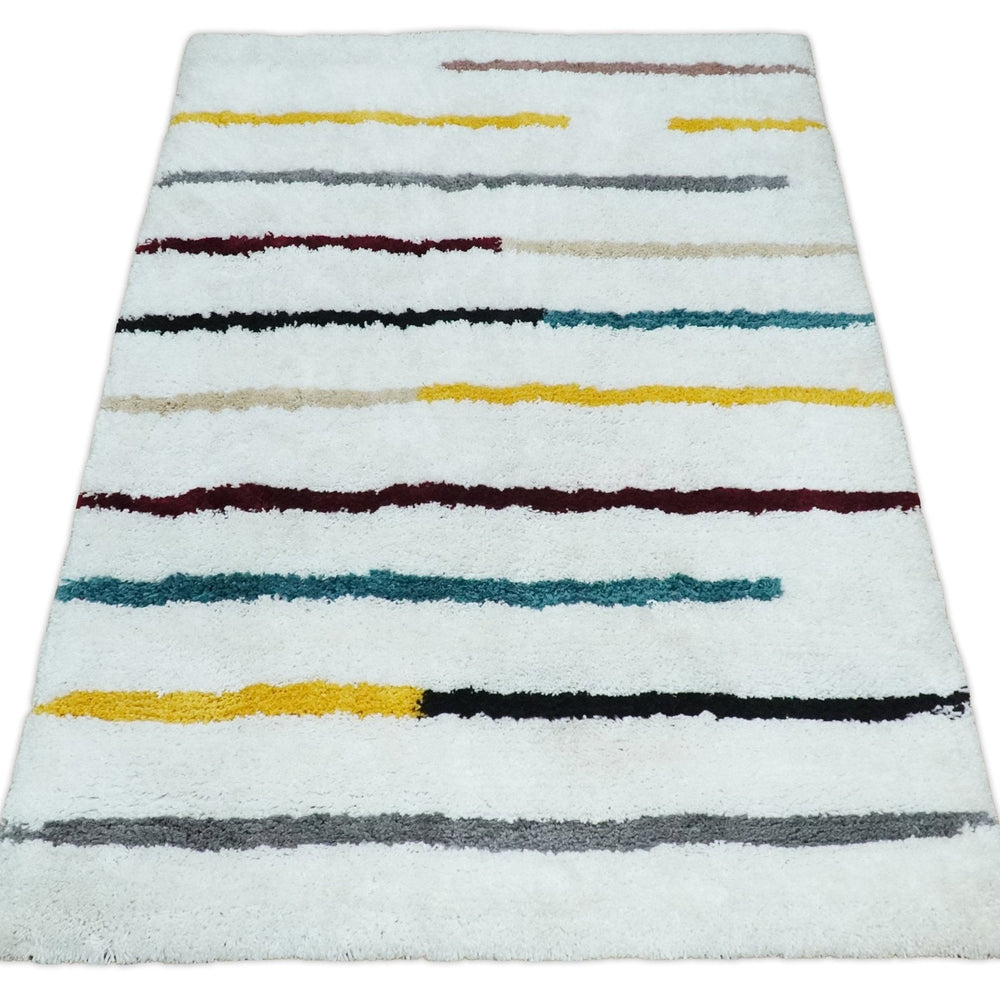 Plush and Thick Hand Woven Shag White with multicolor Stripes Soft Area Rug | SHAG2