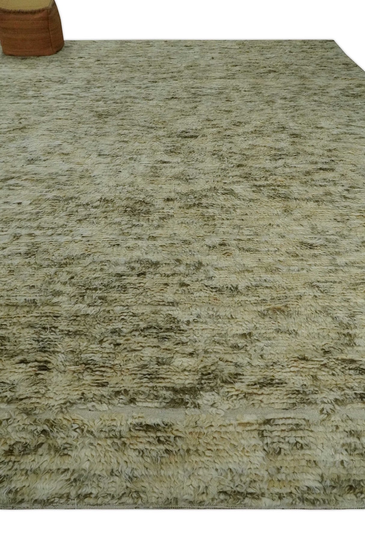 Plush Beni Ourain 12.5x15 Ivory and Moss Olive Moroccan Rug Made with fine Wool