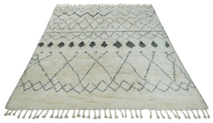 Plush Thick Beni Ourain 8x10.5 Ivory and Charcoal Geometrical design Moroccan Rug Made with fine Wool