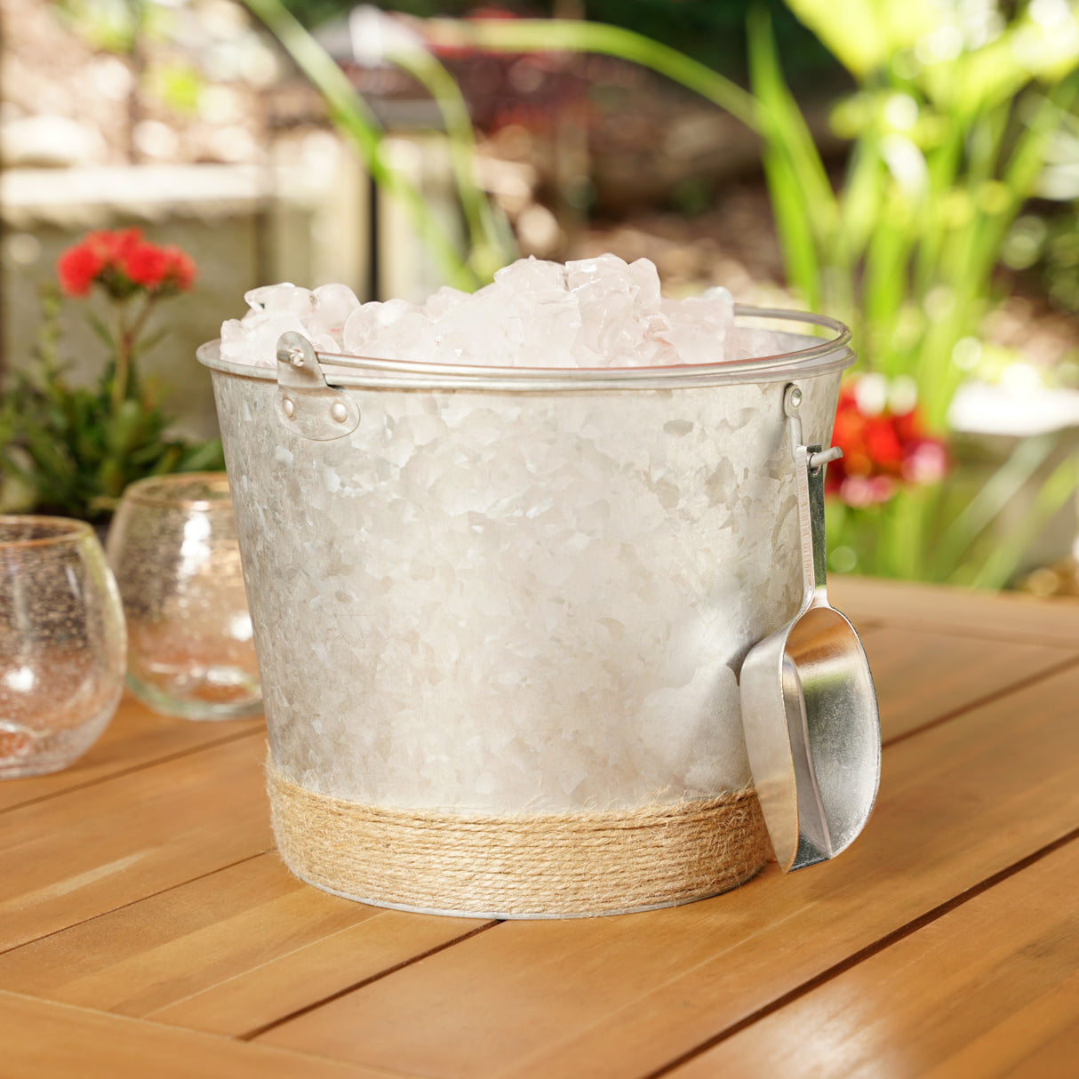 Jute wrapped galvanized ice bucket by twine