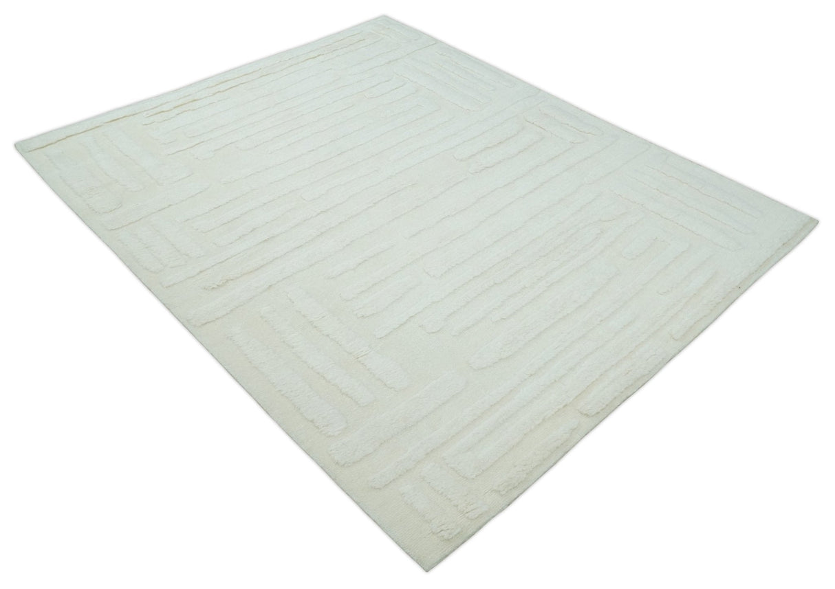 Premium 8x10 carved Texture Ivory hand knotted wool Area rug