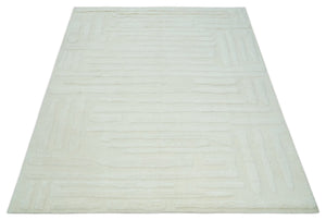 Premium 8x10 carved Texture Ivory hand knotted wool Area rug