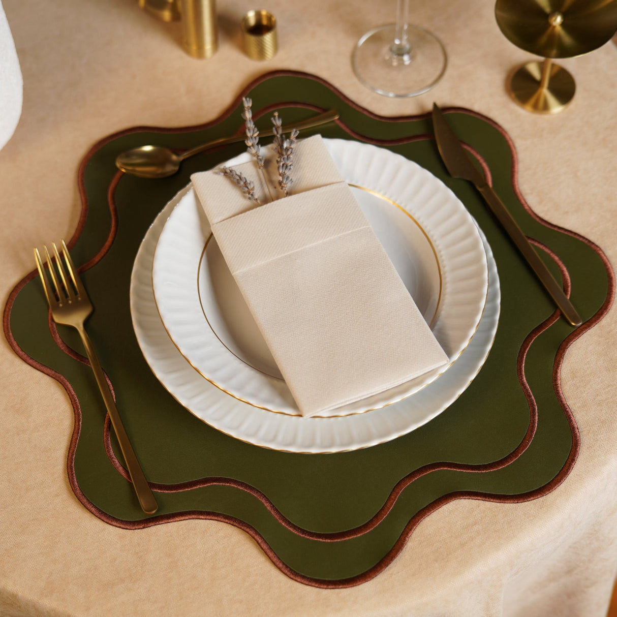 HAVEN DARK GREEN BROWN TRIM WAVY EDGE FAUX LEATHER PLACEMAT