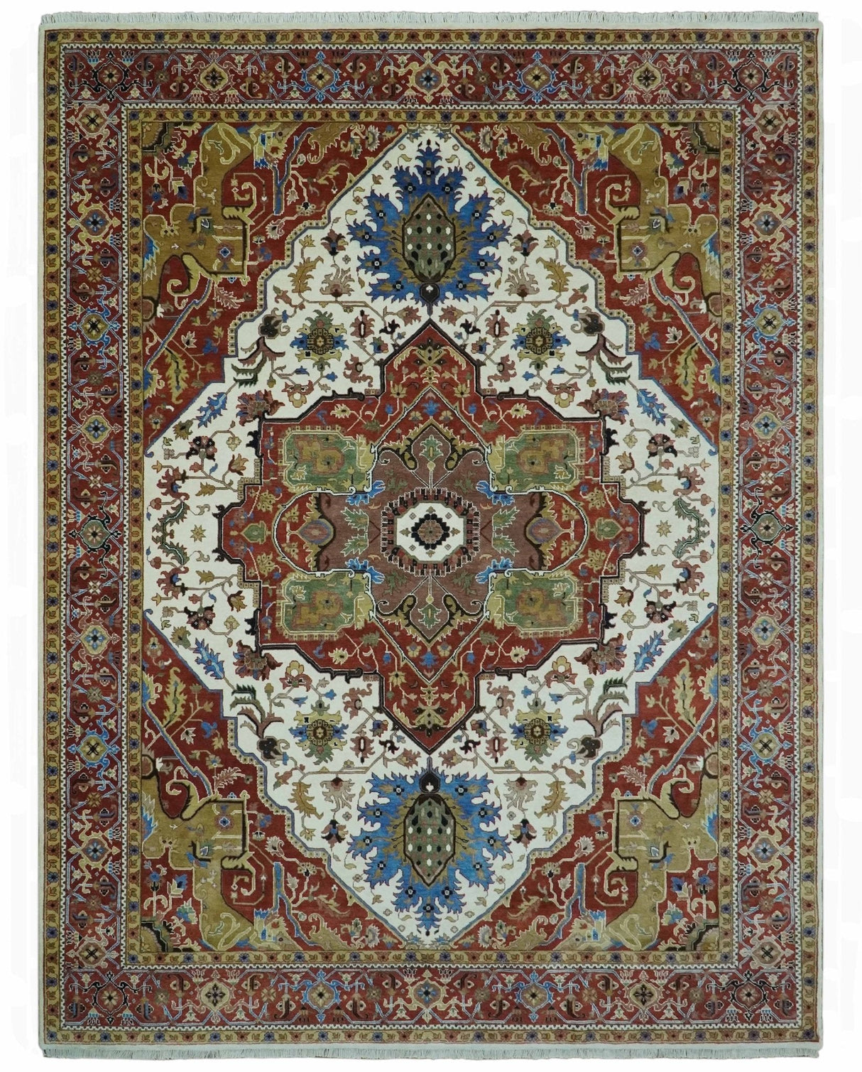 Premium Fine 9x12 Rust, Ivory and Olive Hand Knotted wool area rug