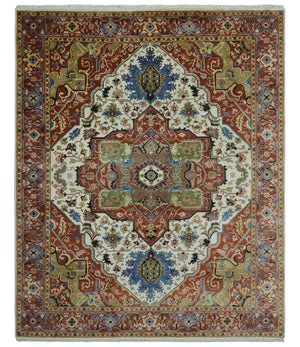 Premium Fine 9x12 Rust, Ivory and Olive Hand Knotted wool area rug