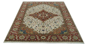 Premium Fine Floral Ivory and Rust Traditional Heriz 9x12 Hand Knotted wool area rug
