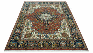 Premium Fine Hand Knotted Floral Rust, Ivory and Blue Traditional Heriz 8x10 wool area rug
