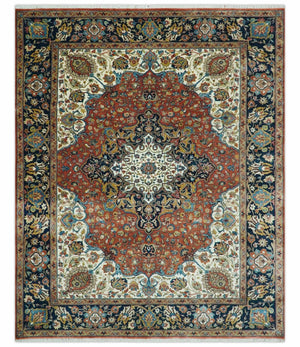 Premium Fine Hand Knotted Floral Rust, Ivory and Blue Traditional Heriz 8x10 wool area rug