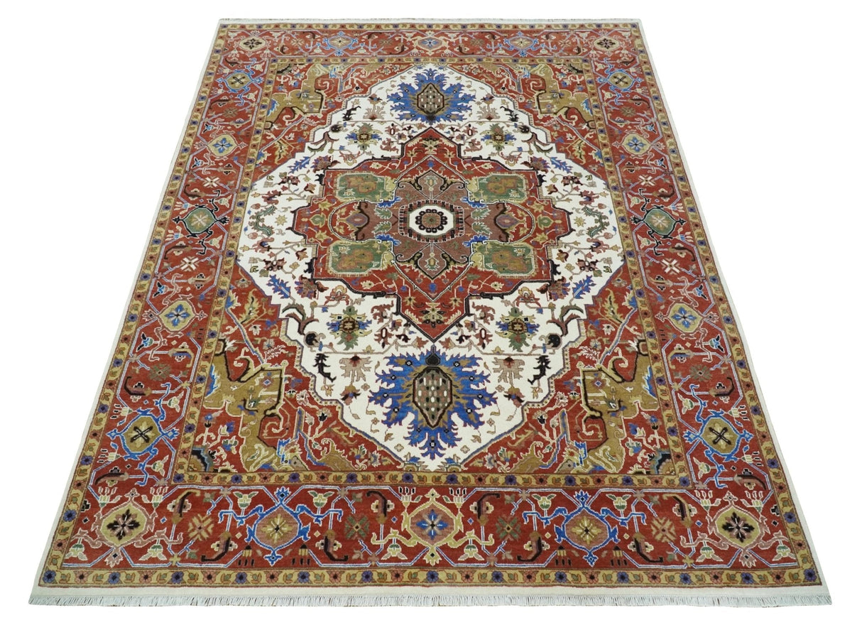 Premium Fine Knots Rust, Ivory and Olive 8x10 Hand knotted Traditional Wool Area Rug