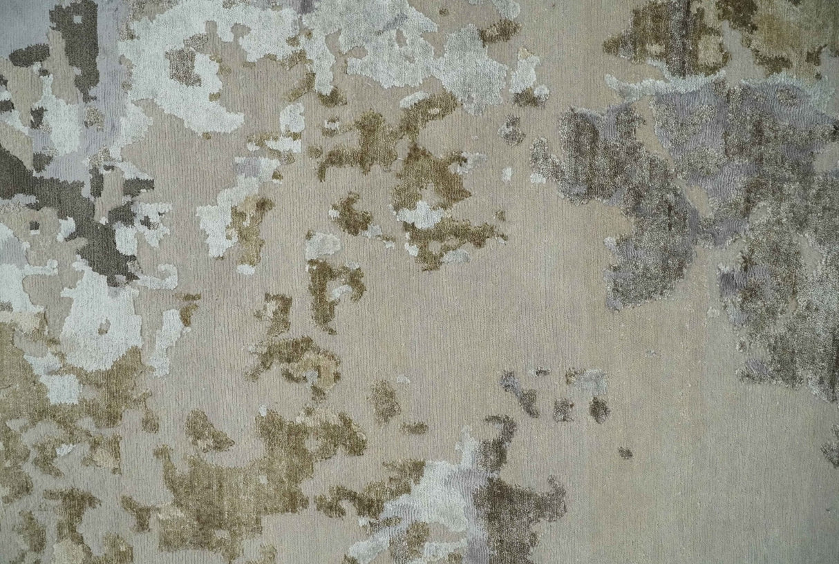 Premium Hand knotted Camel, Silver, Olive and Charcoal modern Abstract wool and Silk Blended 8x10 Area Rug