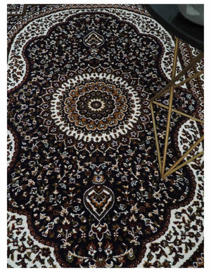 Premium Look 5x7 Black, Ivory and Brown Heriz Medallion Pattern Area Rug