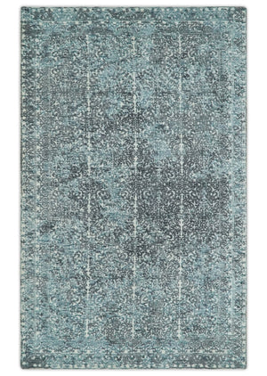 Premium look antique Design Teal, Charcoal and Ivory 5x8 Hand loom wool and Viscose Area Rug