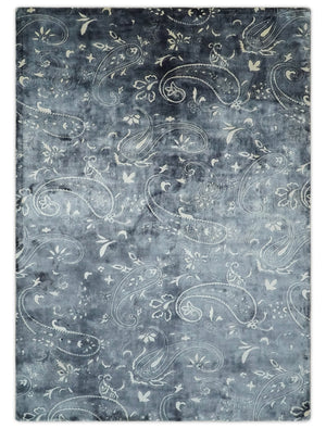 Premium look Charcoal, Ivory and Silver Hand loom Traditional Boteh Design Wool and Viscose Area Rug