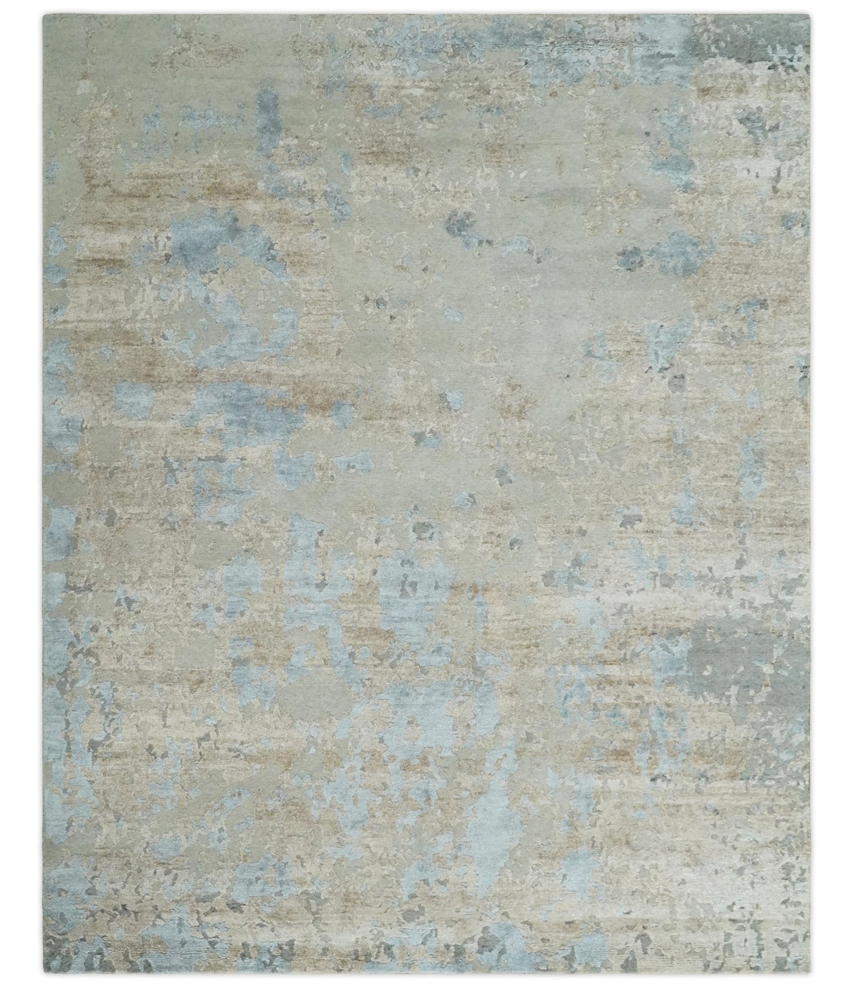 Premium look Hand knotted Silver and Blue modern Abstract wool and Silk Blended 7.10x9.6 Area Rug
