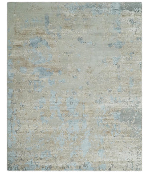 Premium look Hand knotted Silver and Blue modern Abstract wool and Silk Blended 7.10x9.6 Area Rug