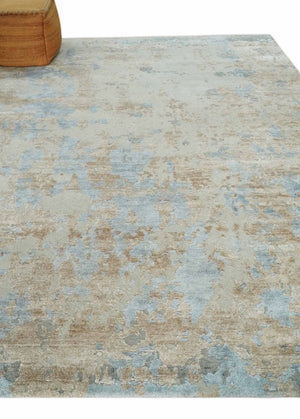 Premium look Hand knotted Silver and Blue modern Abstract wool and Silk Blended 7.10x9.6 Area Rug