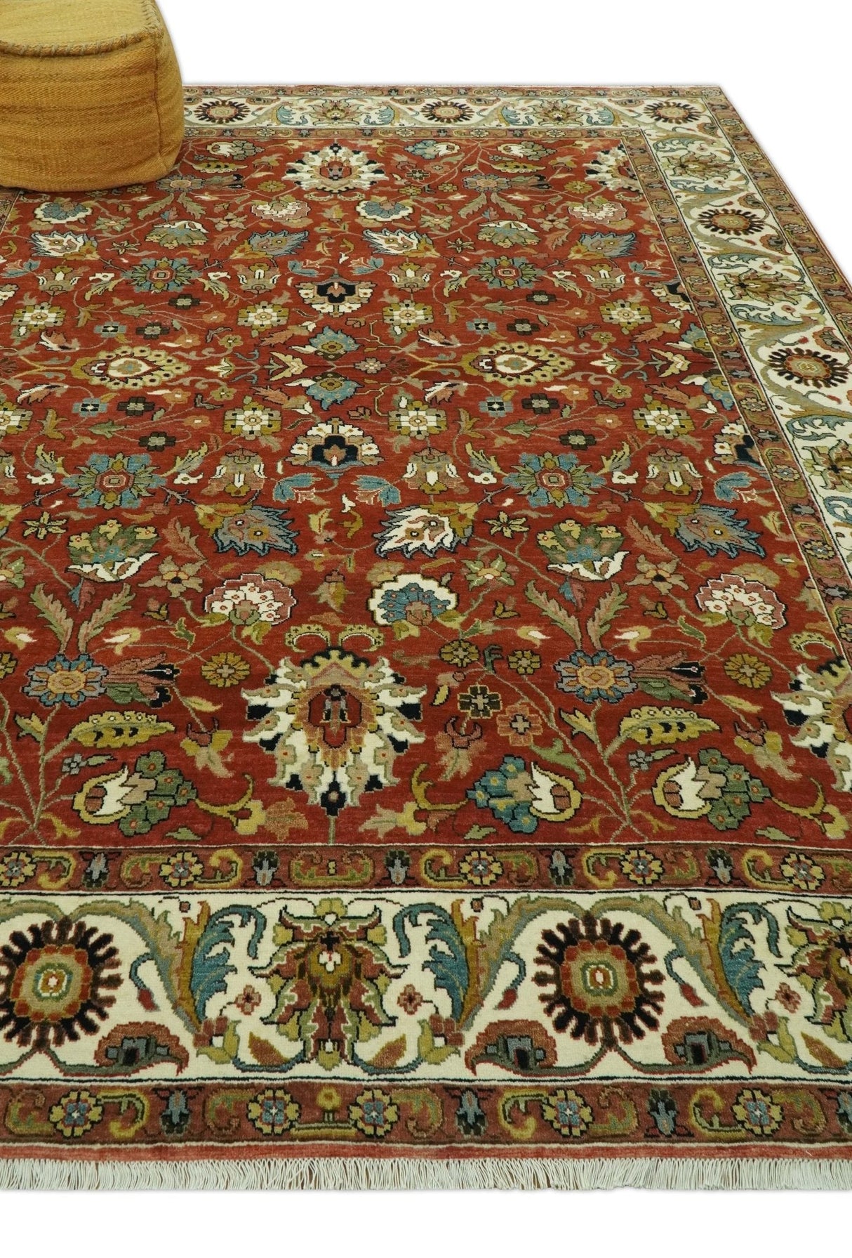 Premium look Rust and Ivory Traditional Floral Fine Hand knotted 8x10 wool area rug
