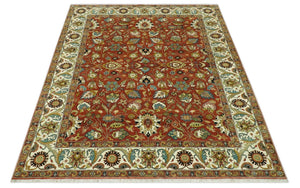 Premium look Rust and Ivory Traditional Floral Fine Hand knotted 8x10 wool area rug