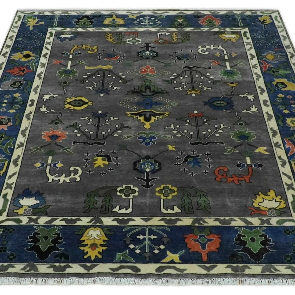 Premium look Vibrant Colorful Charcoal, Blue and Ivory Hand knotted Traditional Floral 8x10 wool Area Rug