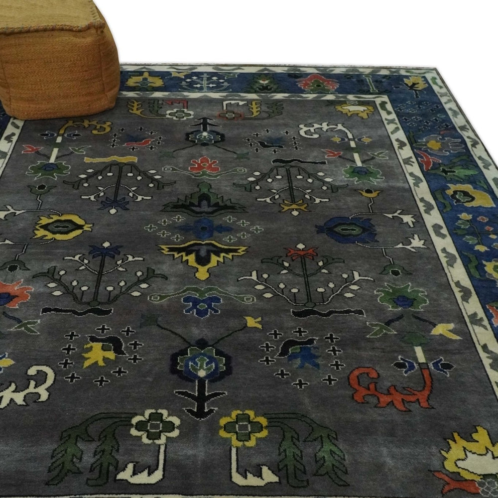 Premium look Vibrant Colorful Charcoal, Blue and Ivory Hand knotted Traditional Floral 8x10 wool Area Rug