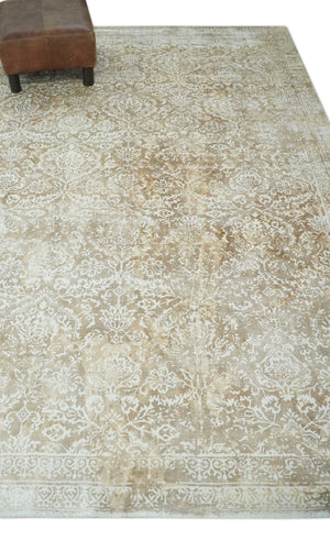 Premium Style Floral Traditional Ikat Large Design Camel and Ivory 5.6x7.9 Hand loom Viscose Area Rug