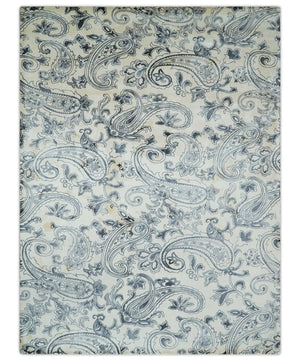 Premium Style Ivory and Charcoal Hand loom 5.6x8 Boteh Design Viscose Area Rug