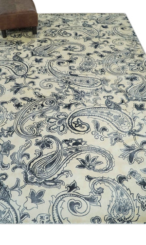 Premium Style Ivory and Charcoal Hand loom 5.6x8 Boteh Design Viscose Area Rug