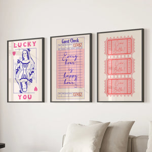 Guest Check, Playing Card Art. Retro Dopamine Set of 3 Prints