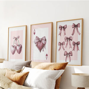 Coquette Cherry Wall Art Set of 3. Pink Romantic Decor