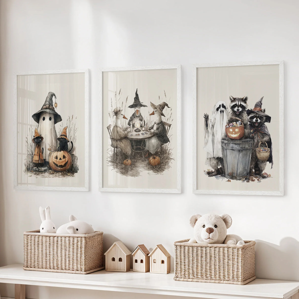 Halloween Set of 3 Wall Art. Ghost, Witch, Animals, Pumpkins