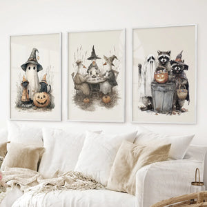 Halloween Set of 3 Wall Art. Ghost, Witch, Animals, Pumpkins