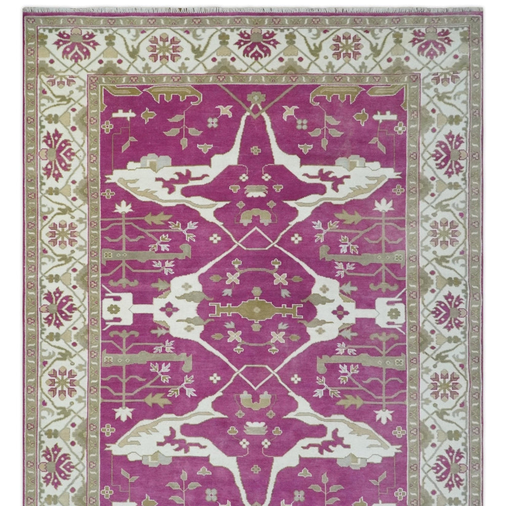 Purple, Ivory and Olive Traditional Hand knotted Oriental Oushak Multi Size wool Area Rug