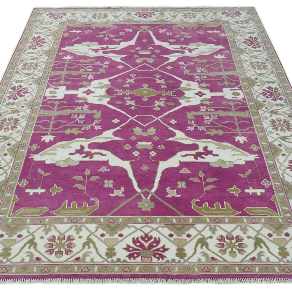 Purple, Ivory and Olive Traditional Hand knotted Oriental Oushak Multi Size wool Area Rug